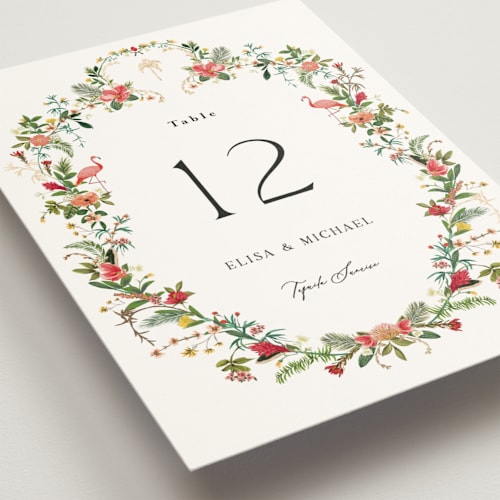 This is a papaya table numbers with foil pressed by Susan Moyal called tropica printing on doublethick in standard