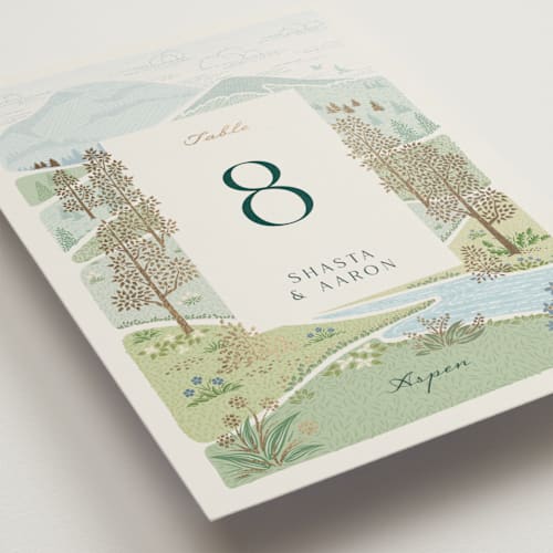 This is a evergreen table numbers with foil pressed by Paper Sun Studio called mountaintop printing on doublethick in standard
