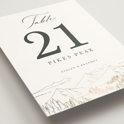 This is a hunter table numbers with foil pressed by Sarah Brown called peaks printing on doublethick in standard