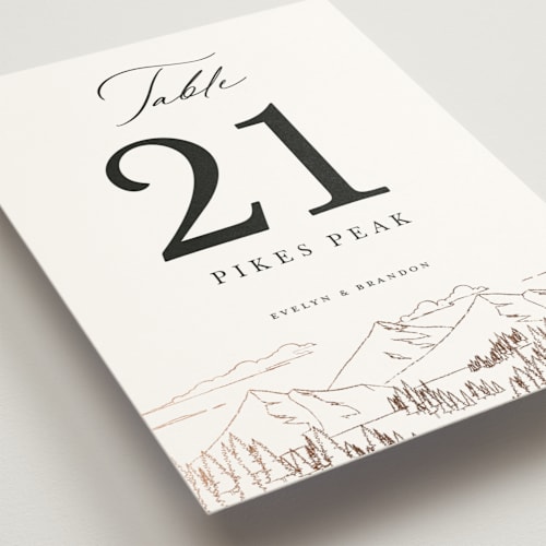 This is a porcelain table numbers with foil pressed by Sarah Brown called peaks printing on doublethick in standard