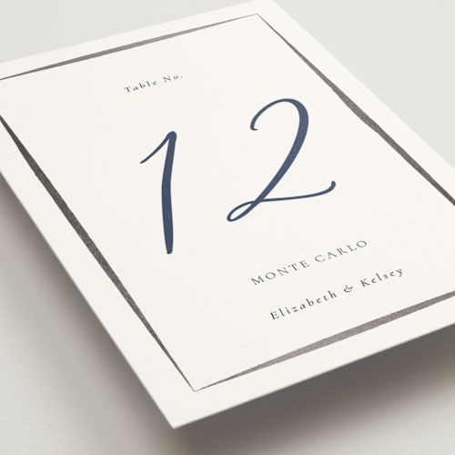 This is a dusty blue table numbers with foil pressed by Corinne Malesic called bow printing on doublethick in standard