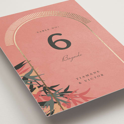 This is a coral table numbers with foil pressed by Julie Hebert called birds of paradise printing on doublethick in standard