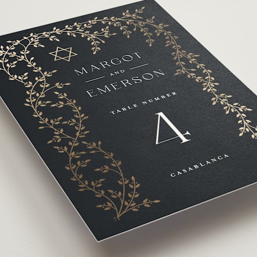 This is a midnight table numbers with foil pressed by Ana de Sousa called beautiful chuppah printing on doublethick in standard