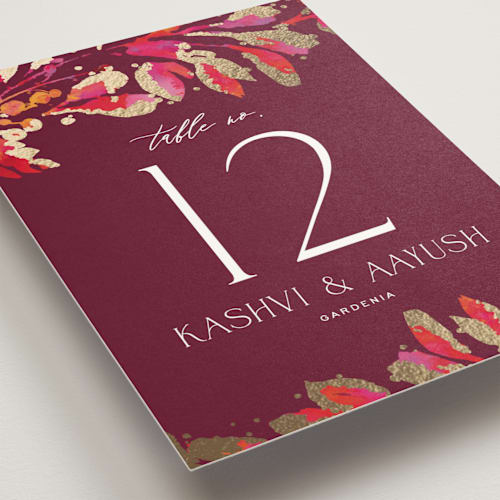 This is a sangria table numbers with foil pressed by Jessica Corliss called bright abstract printing on doublethick in standard