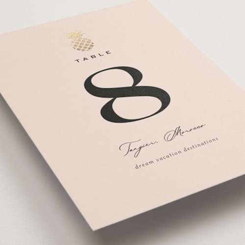 This is a blush table numbers with foil pressed by Laura Hamm called tropical getaway printing on doublethick in standard