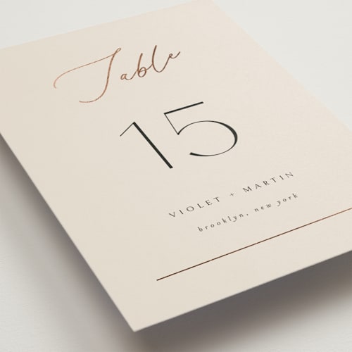 This is a taupe table numbers with foil pressed by Kelly Schmidt called encircled love printing on doublethick in standard
