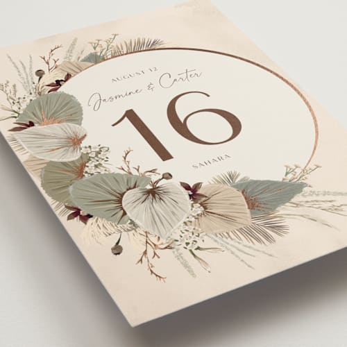 This is a dusk table numbers with foil pressed by Susan Moyal called jasmine printing on doublethick in standard