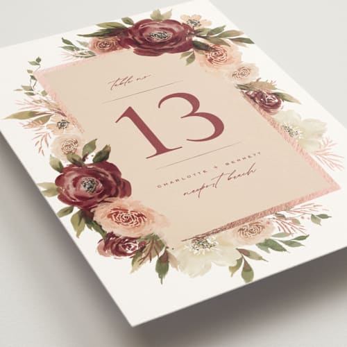 This is a peony table numbers with foil pressed by Wildfield Paper Co called romantic frame printing on doublethick in standard