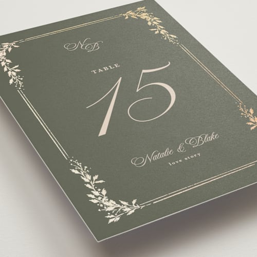 This is a sage table numbers with foil pressed by Kate Ahn called lake como printing on doublethick in standard