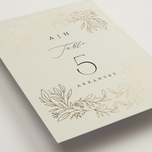 This is a taupe table numbers with foil pressed by Hannah Williams called foil botanical frame printing on doublethick in standard