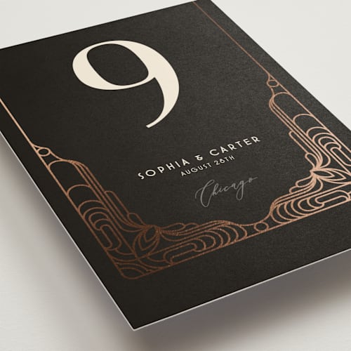 This is a midnight table numbers with foil pressed by GeekInk Design called geometric deco printing on doublethick in standard