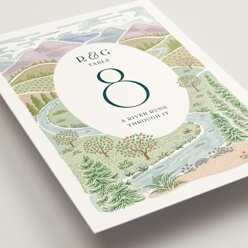 This is a pine table numbers with standard by Paper Sun Studio called river valley printing on doublethick in standard