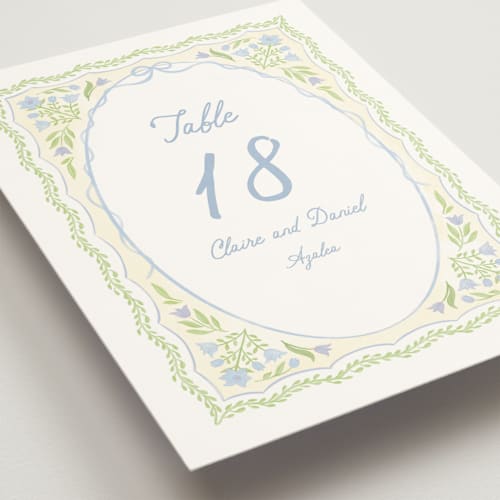 This is a powder blue table numbers with standard by Creo Study called folk garden printing on doublethick in standard