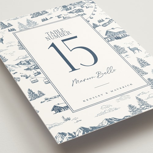 This is a denim table numbers with standard by Jenna Holcomb called mountain toile printing on doublethick in standard