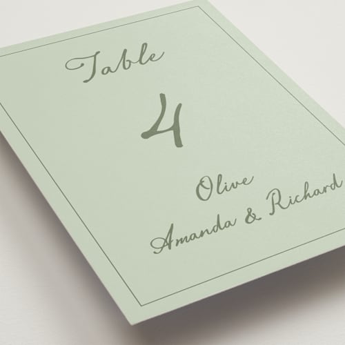 This is a mint table numbers with standard by Sherley Ferreira called olive printing on doublethick in standard