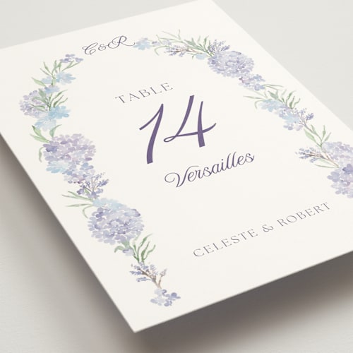 This is a toscana table numbers with standard by Claudia Orengo called hydrangea printing on doublethick in standard