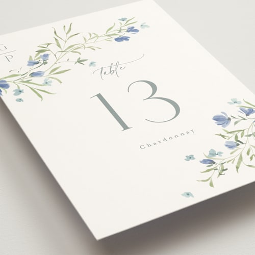 This is a aquamarine table numbers with standard by Everett Paper Goods called sweeping meadow printing on doublethick in standard