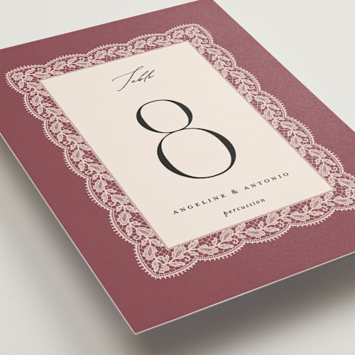 This is a mauve table numbers with standard by Erica Krystek called chantilly printing on doublethick in standard
