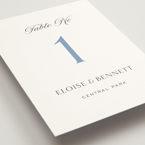 This is a french blue table numbers with standard by Megan Davis called boulevard printing on doublethick in standard
