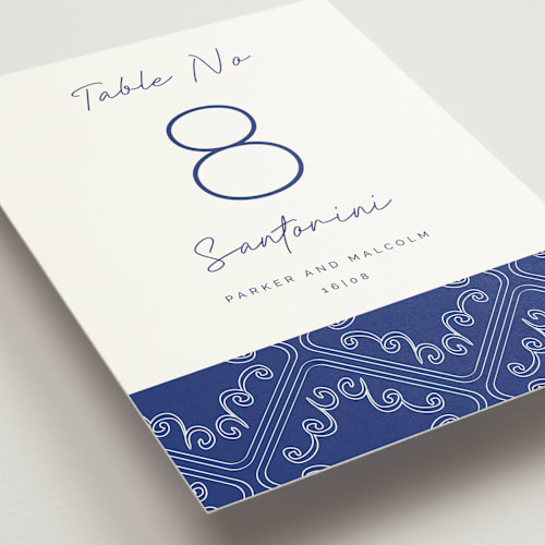 This is a cerulean table numbers with standard by Zani van Zyl called santorini printing on doublethick in standard