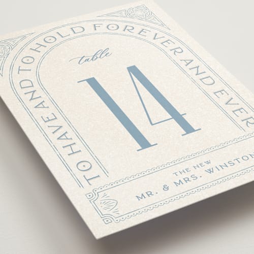 This is a french blue table numbers with standard by Kelsey Mucci called to have and to hold printing on doublethick in standard