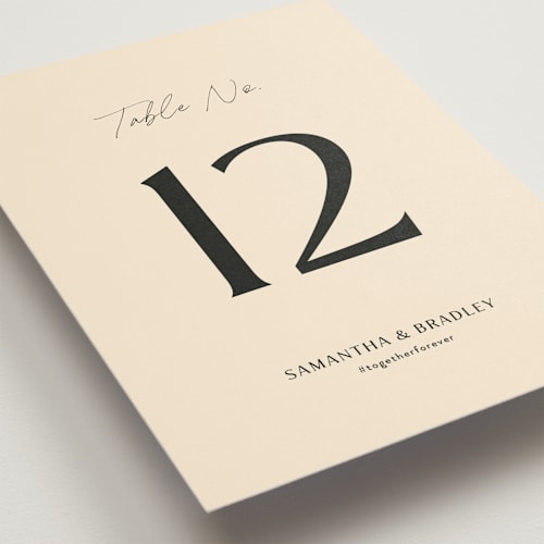 This is a champagne table numbers with standard by Wallace Design Co. called french whimsy script printing on doublethick in standard