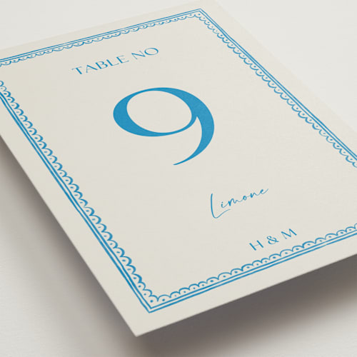 This is a ocean table numbers with standard by Pati Cascino called mediterraneo printing on doublethick in standard