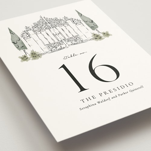 This is a forest table numbers with standard by Jackie Crawford called hand illustrated garden gate printing on doublethick in standard