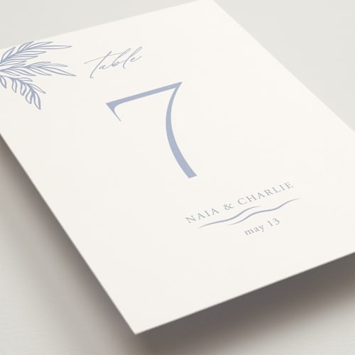 This is a pale cerulean table numbers with standard by Sabrin Deirani called ocean dreams printing on doublethick in standard