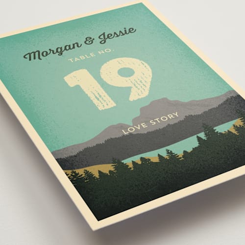 This is a forest table numbers with standard by Nam Bourassa called mountain view printing on doublethick in standard