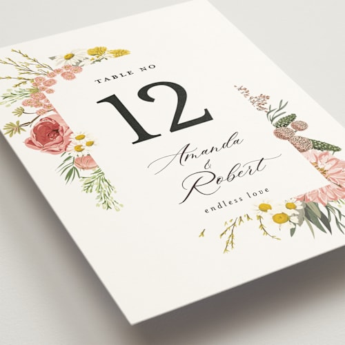 This is a blush table numbers with standard by Susan Moyal called organic florals printing on doublethick in standard