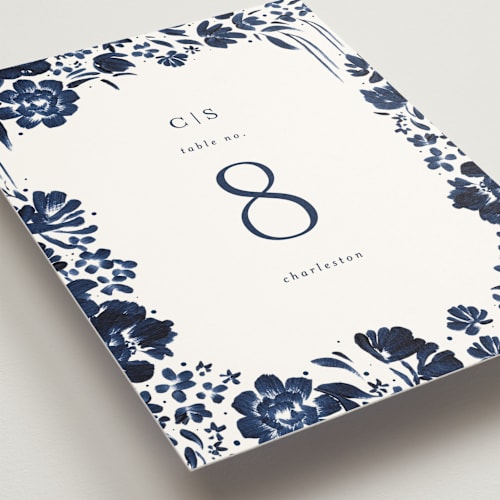 This is a indigo table numbers with standard by Angela Marzuki called brushstrokes in bloom printing on signature in standard