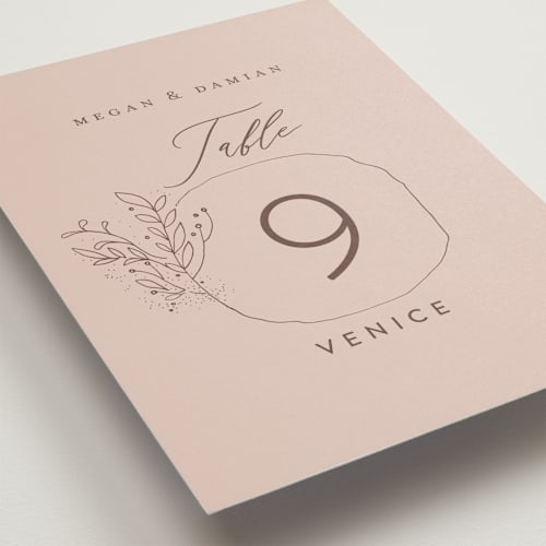 This is a blush table numbers with standard by Lucrecia Caporale called delicate monogram printing on doublethick in standard