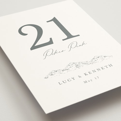 This is a pewter table numbers with standard by Sarah Brown called mountainview printing on doublethick in standard