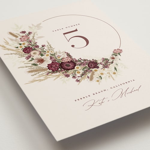 This is a cabernet table numbers with standard by Erin Deegan called dried floral wreath printing on doublethick in standard