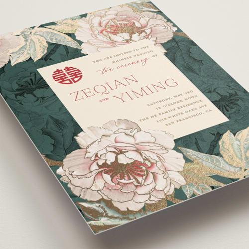 This is a evergreen foil stamped wedding invitations with foil pressed by fatfatin called auspicious peonies printing on signature in standard