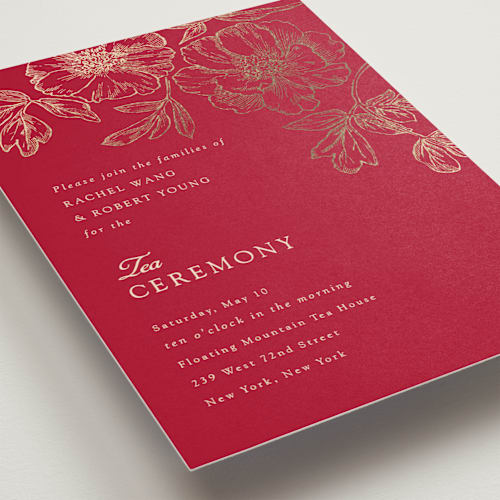 This is a ruby foil stamped wedding invitations with foil pressed by Janean Hinger called double peony printing on signature in standard