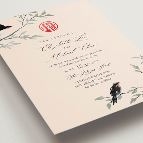 This is a cream foil stamped wedding invitations with foil pressed by Elly called lovebirds printing on signature in standard