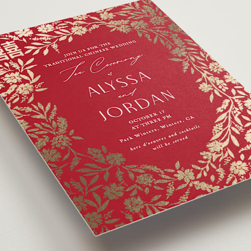 This is a ruby foil stamped wedding invitations with foil pressed by Yaling Hou Suzuki called garden vines printing on signature in standard