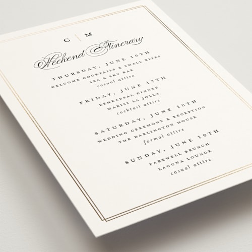 This is a linen ceremony reception essentials with foil pressed by Erica Krystek called timeless printing on signature in 5x7