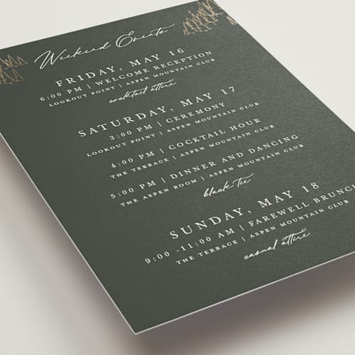 This is a hunter ceremony reception essentials with foil pressed by Sarah Brown called peaks printing on signature in 5x7