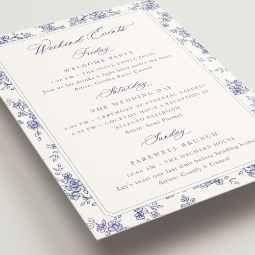 This is a dusty blue ceremony reception essentials with standard by Cass Loh called watercolor flowers crest printing on signature in 5x7