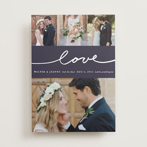 This is a eggplant wedding announcements with standard by Stacey Meacham called oh joy printing on recycled smooth signature in standard