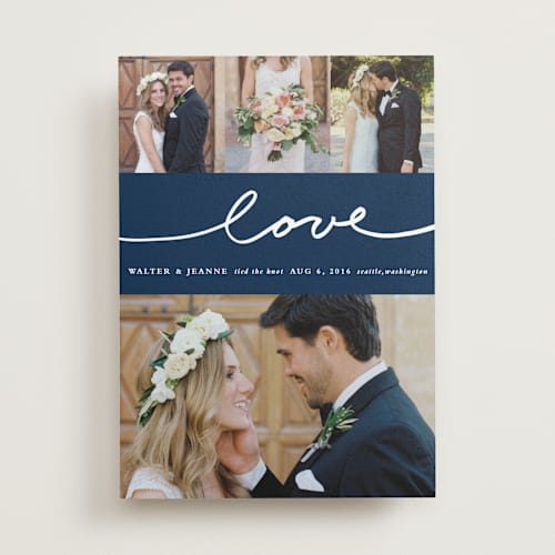 This is a midnight wedding announcements with standard by Stacey Meacham called oh joy printing on recycled smooth signature in standard