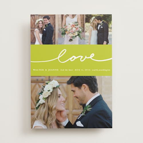 This is a lime wedding announcements with standard by Stacey Meacham called oh joy printing on recycled smooth signature in standard