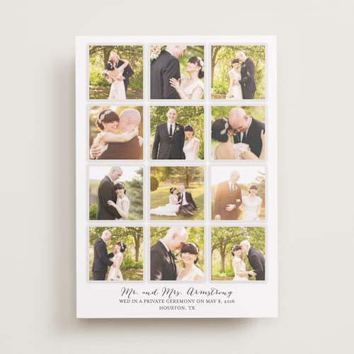 This is a snowfall wedding announcements with standard by Robin Ott called a year in my life printing on recycled smooth signature in standard
