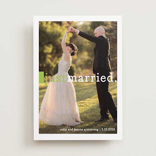 This is a lime wedding announcements with standard by Snow and Ivy called be joyful printing on recycled smooth signature in standard