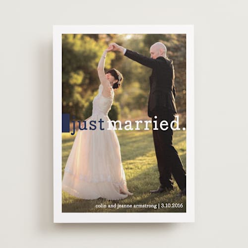 This is a navy wedding announcements with standard by Snow and Ivy called be joyful printing on recycled smooth signature in standard