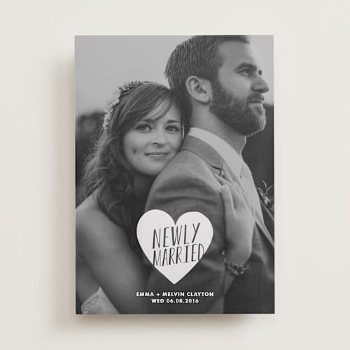 This is a frost wedding announcements with standard by Kim Chow called merry + married printing on recycled smooth signature in standard