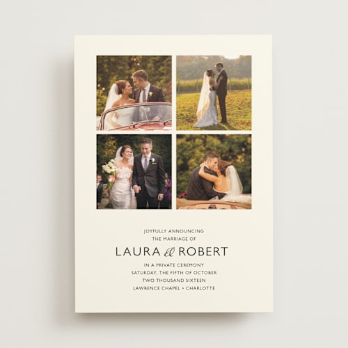 This is a ivory wedding announcements with standard by Carrie Eckert called moments captured printing on recycled smooth signature in standard